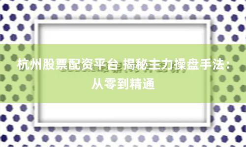杭州股票配资平台 揭秘主力操盘手法：从零到精通
